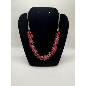 Red Beaded Cluster Statement Necklace – Bold Layered Costume Jewelry